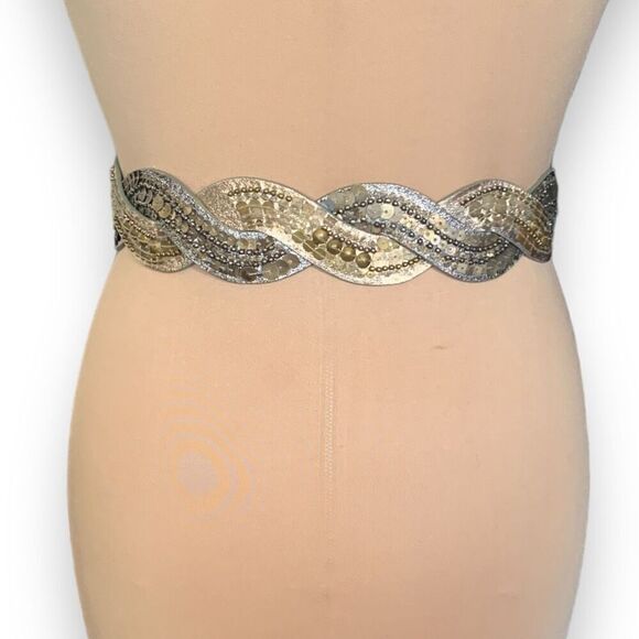 Vintage Statement Belt Metallic Silver Gold Braided Leather Sequins Beads Boho - Picture 6 of 8